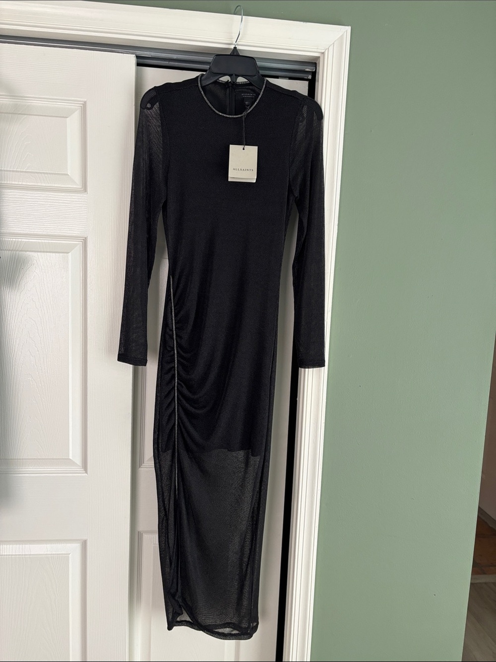 All Saints Black Long Sleeve Mesh Ruched Maxi Dress